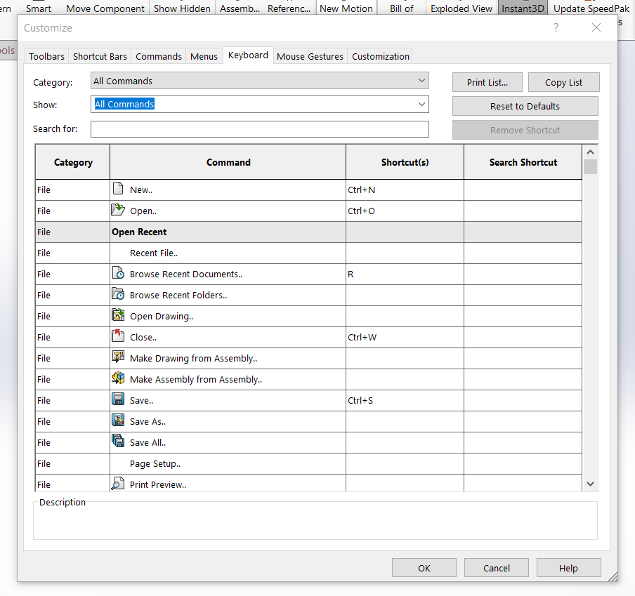 SOLIDWORKS customize keyboard shortcuts dialog box