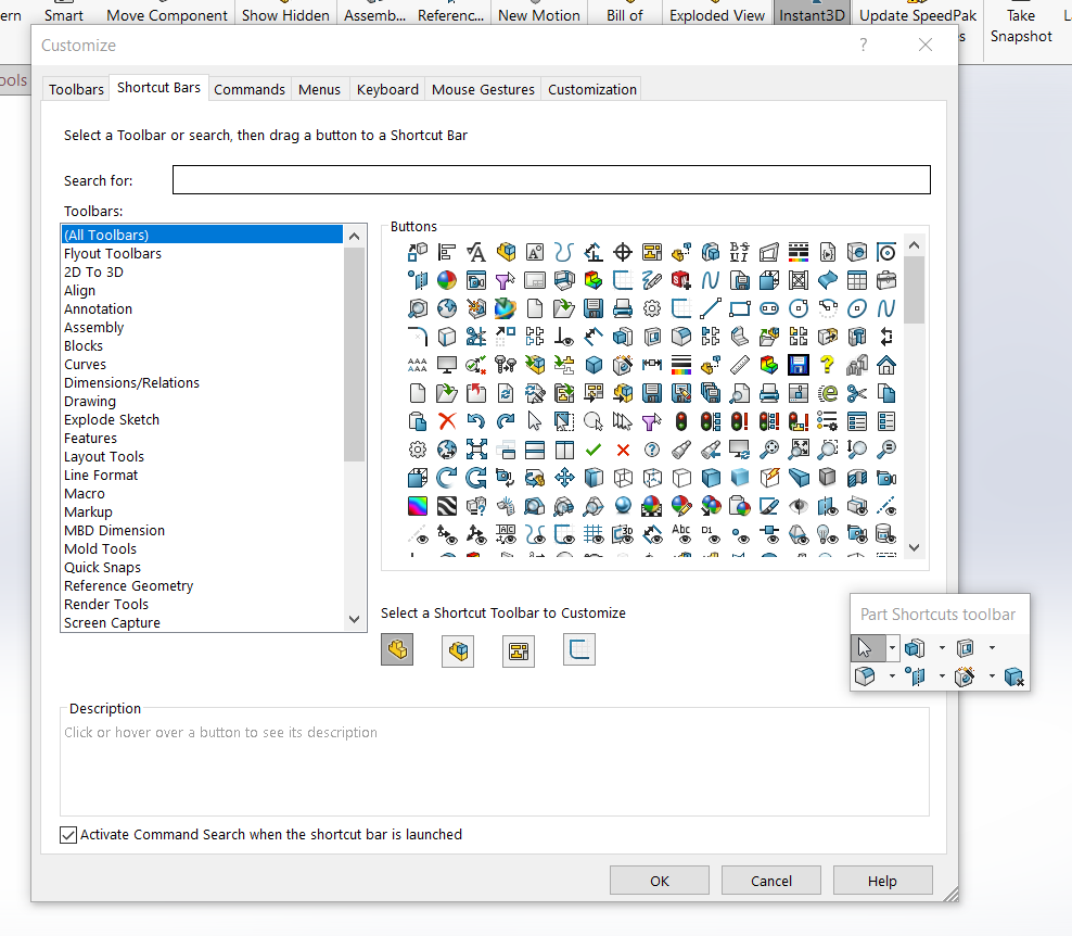 SOLIDWORKS customize shortcut bar dialog box